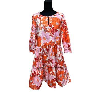 C&A Floral Womens Knee‎ Length Dress Sz 10 Tiered Cottage Garden Church Cotton